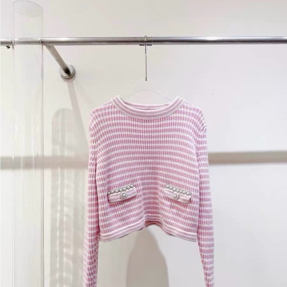 Self-Portrait Sweaters - Authentic Self-Portrait Pink and White Striped Crop Top